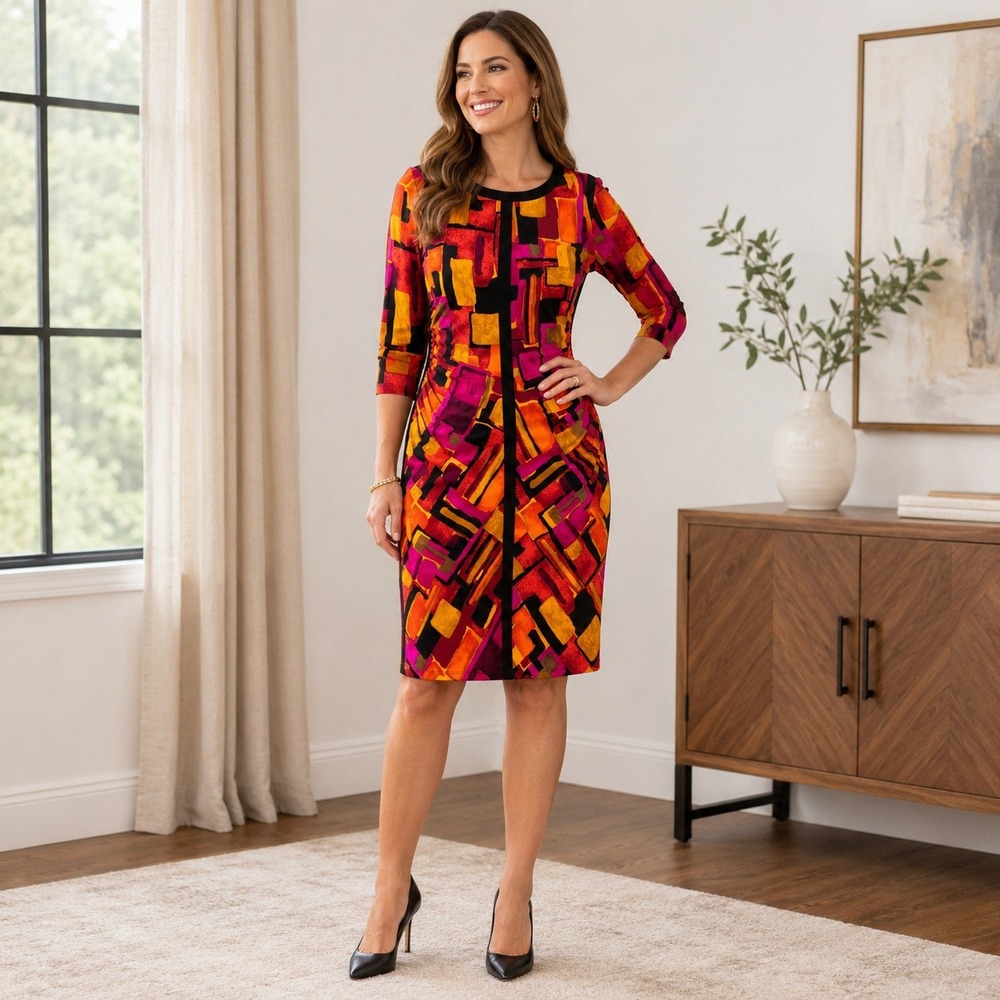 Shelby & Palmer Womens Geometric Print Ruched Sheath Dress Orange Red Size‎ 8